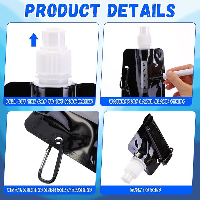 Teenyyou 24 Pack Collapsible Water Bottles Bulk 16oz Foldable Water Bottles with Carabiner Reusable Drinking Leak Proof Container Bags for Sport Biking Hiking Camping Travel Outdoor (Black) - Image 3