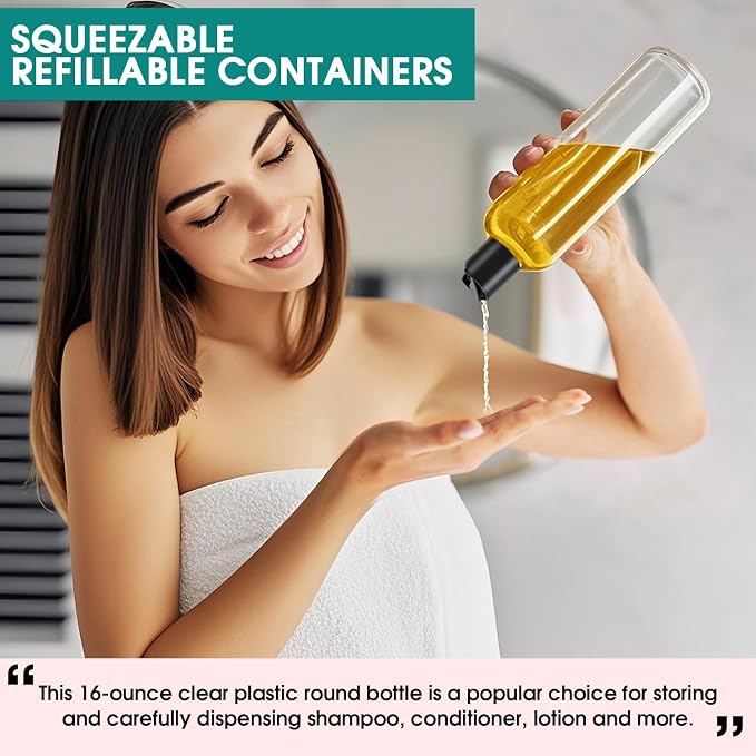 12Pcs 16oz Clear Plastic Refillable Travel Bottles with Black Disc Top Caps | Squeeze Empty Shampoo Bottles, For Shampoo and Conditioner, For Lotions, Body Soap Cream, Cosmetic Containers - Image 6