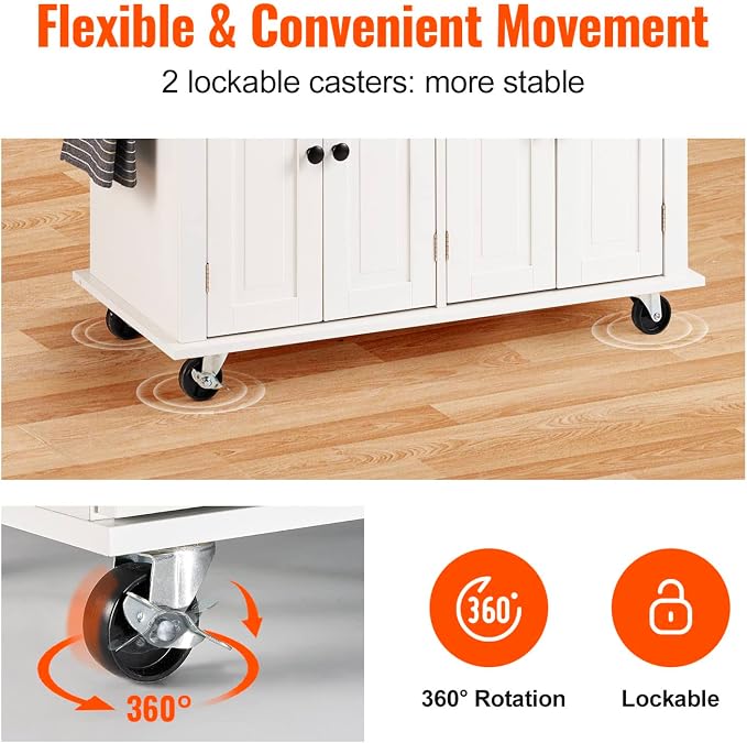 VEVOR Kitchen Island Cart with Solid Wood Top, 35.4" Width Mobile Carts with Storage Cabinet, Rolling Kitchen Table with Spice Rack, Towel Rack, and Drawer, Portable Islands on Wheels, White | Rolling Table with Storage Cabinet, Spice/Towel Rack, Drawe... - Image 3