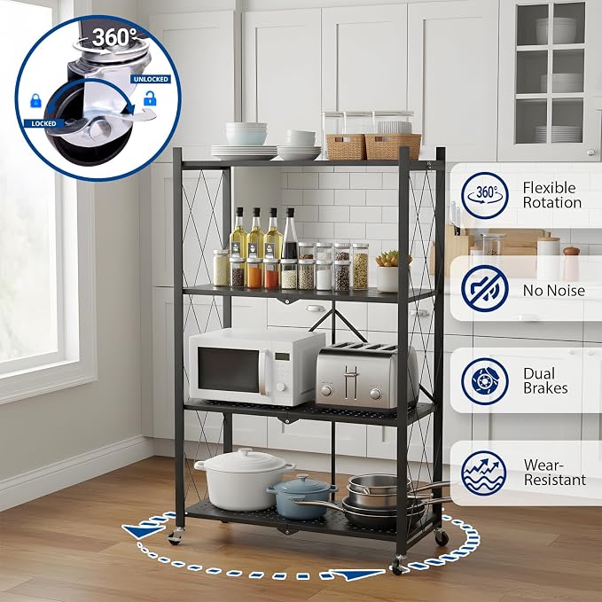 4 Tier Foldable Storage Shelf with Wheels, Collapsible Metal Rack Shelving Unit, No Assembly Required, Rolling Cart Shelf Rack Organizer for Books, Garage, Kitchen, Closet, Pantry, Exhibition, Black - Image 6
