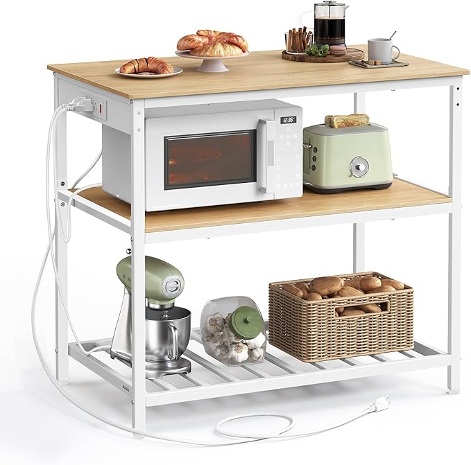 VASAGLE Kitchen Island with 3 Shelves, Kitchen Shelf with Power Strip, 23.6 x 39.4 x 34.9 Inches, Large Worktop, Steel Structure, Industrial, Easy to Assemble, Oak Color and White UKKI105Y01 by Unknown