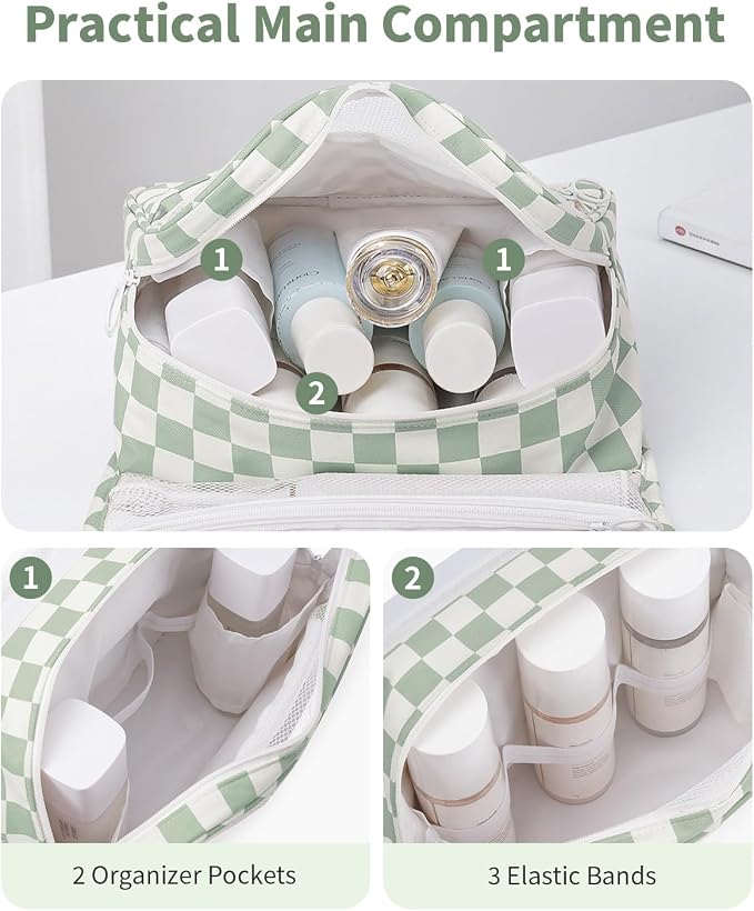 Narwey Small Hanging Travel Toiletry Bag for Traveling Women, Checkered Travel Bag for Toiletries, Makeup Bag Organizer Make Up Cosmetic Bags, Gifts for Kids Teen Girls (Mint Green Checkerboard) - Image 4