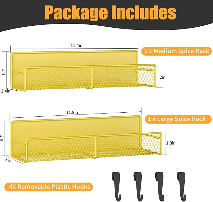 Magnetic Spice Rack for Refrigerator, 2 Pack 100% Metal Strong Magnet Shelf, Space Saving Spice Organizer W/ Hooks, Movable Magnetic Fridge Shelf, Kitchen Home Laundry Room Storage Organization,Yellow - Image 2