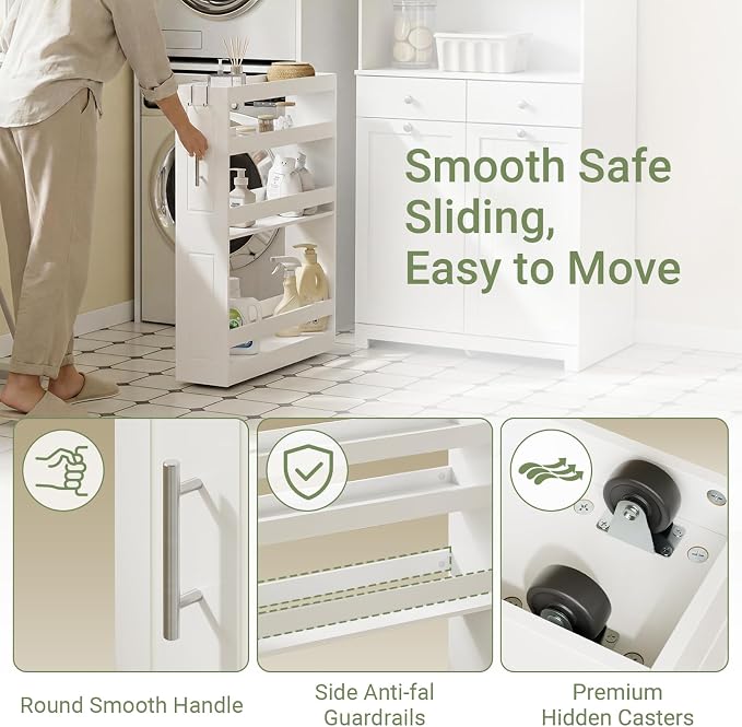 SoBuy 4 Tier Slim Rolling Cart with Wheels, Slim Storage Cart, White | Narrow Bathroom Storage Cabinet, Round Handle, Hidden Casters, 7.09" Gap Cart For Kitchen, Bathroom & Laundry - Image 2