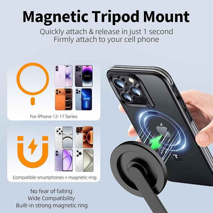 35" Magnetic Selfie Stick Phone Tripod, Extendable Phone Tripod with Cold Shoe and Remote,Compatible with iPhone/Android/Sport Camera Perfect for Video Recording/Selfies/Insta360 x5（Black） - Image 2