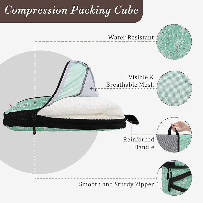 U+U 6 Set Compression Packing Cubes, Travel Organizers (Green Paisley) | Space-Saving & Drawstring Bag Included - Image 2