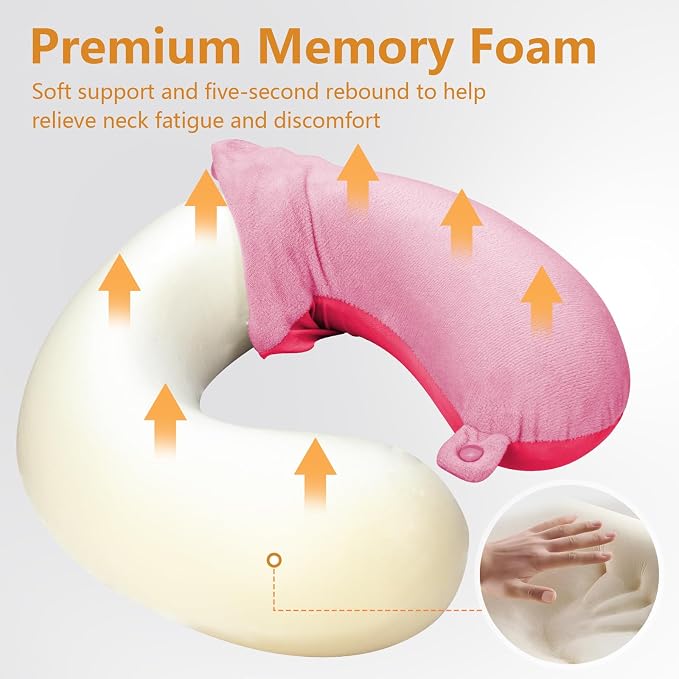 Travel Pillow, Memory Foam Neck Pillow for Traveling, U Shape Airplane Portable Flight Pillow Adult Travel Neck Pillow for Plane Train Car Home Office (Pink) - Image 3