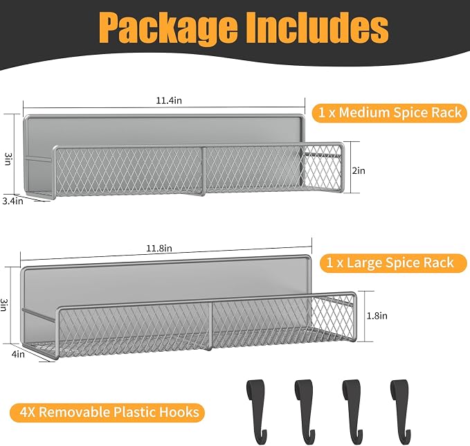 Magnetic Spice Rack for Refrigerator, 2 Pack Metal Magnetic Shelf Grey, Moveable Spice Organizer with Hooks, Super Magnetic Fridge Shelf for Kitchen Organization and Storage - Image 2