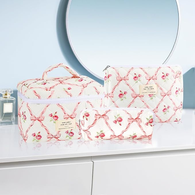 URSKYTOUS 3Pcs Makeup Bag Quilted Cosmetic Bag Set Bow Travel Large Makeup Pouch for Women Cute Portable Cotton Toiletry Bag Skincare Organizer Coquette Vintage Travel Essential - Image 7