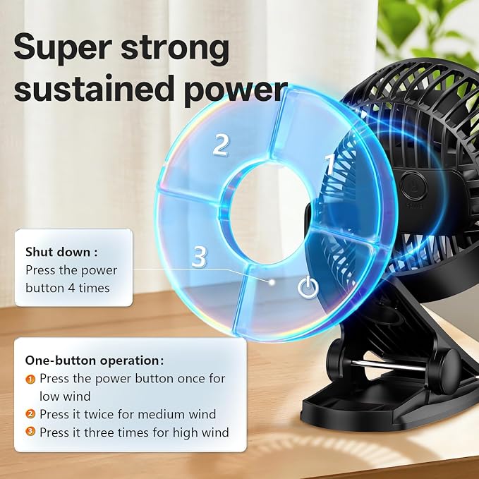 Portable Clip on Fan Rechargeable Mini for Desk Golf Camping Black | 4000mAh 20H Battery, Quiet Brushless Motor 4.5m/s, One-Click Shutdown, 3 Speeds, Detachable Cover, Type-C Charge, 360° Rotate - Image 7