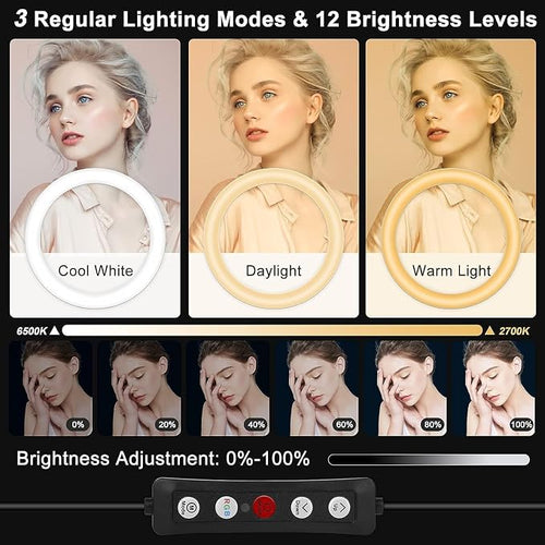 10.3" Selfie Ring Light with Stand and Phone Holder, 73" Tripod 96 RGB Mode | Remote for iPhone &Android Camera. LED Halo Light for Photo/Video Recording/TikTok/Makeup. Vlogging Circle Ringlight Dimmable - Image 2