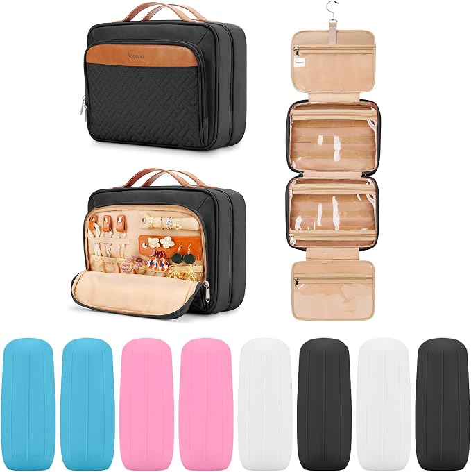 Travel Hanging Toiletry Bag for Women and Men, with 8 Leak Proofing Silicone Bottle Covers, Waterproof Makeup Accessories, Cosmetic Essentials, Cruise Ship Toiletries Bag with Jewelry Organizer, Black by COOSKY