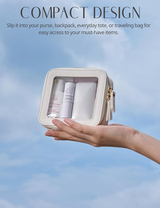 Clear Makeup Bag with Zipper, Set of 2, Mini and Medium, White | Clear Travel Bags for Toiletries, Structured Cosmetic Case for Women, Waterproof PU Leather, Wide Open Portable Car Organier - Image 8