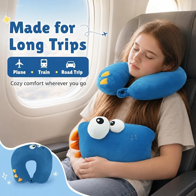 Travel Pillow for Kids & Adults Car Neck Pillow Memory Cotton U-Shaped Neck Pillow Soft Head Support Travel Accessories for Airplane Car Train Bus (Dinosaur) - Image 7
