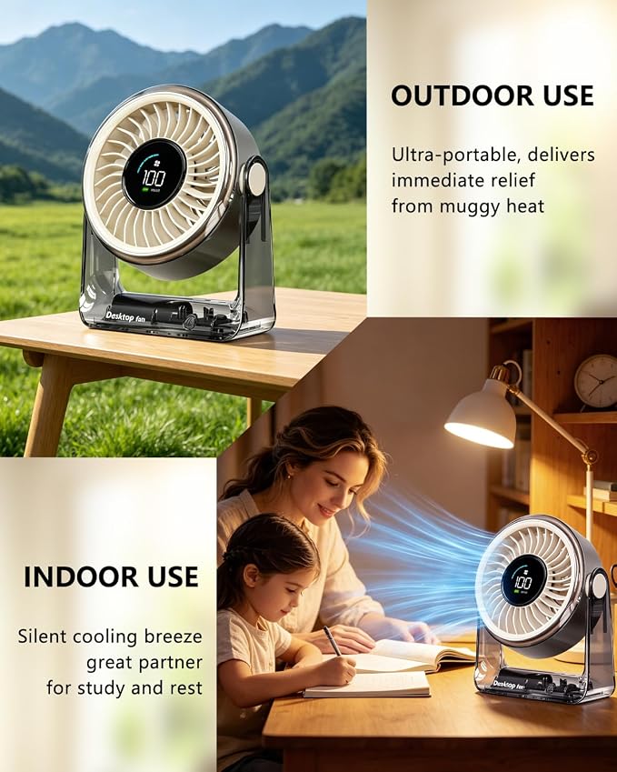 Desk Fan USB Rechargeable, Portable Small Desktop Fan with 6 Speeds Digital Display, 360° Rotation Quiet Table Fan, 4000mAh Battery Powered Fan for Bedroom Home Office Travel, White - Image 9