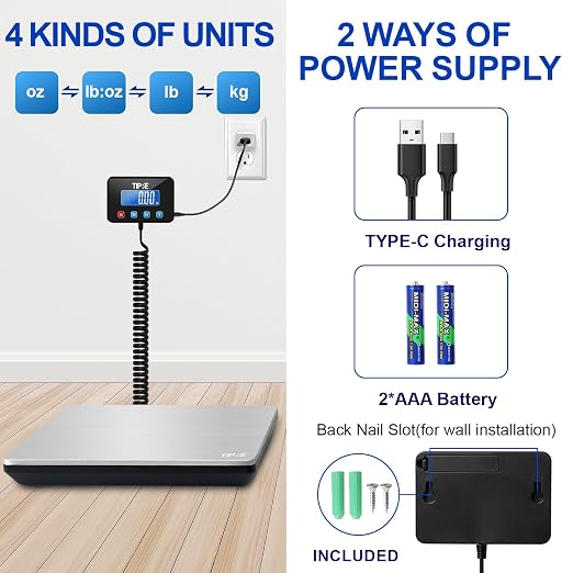 TIPRE Shipping Scale 660lbs for Packages,Heavy Duty Digital Postal Express Scale,1 oz High Accuracy with Charging Cable & Batteries,Extra Large Stainless Steel for Small Business,Warehouse,Home - Image 4