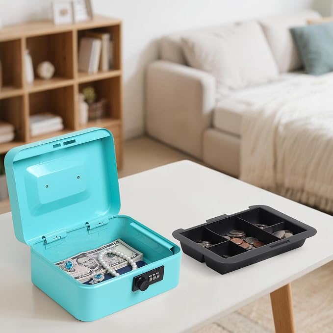 Jssmst Medium Cash Box with Combination Lock - Durable Metal Cash Box with Money Tray,light blue,7.87 x 6.3 x 3.35 inches - Image 7