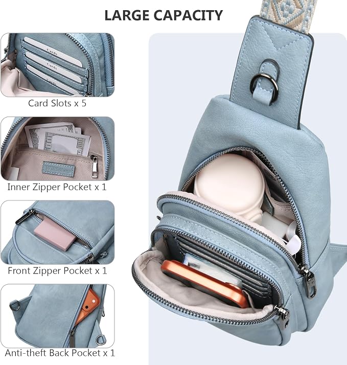 Anti-theft Chest Bags Women Small PU Leather Sling Fanny Pack | RFID Blocking,Safety Zipper,5 Card Slots,Adjustable Strap,Large Capacity,Multi Pockets,Faux Leather,Daypack,Bum Bags,Travel - Image 7