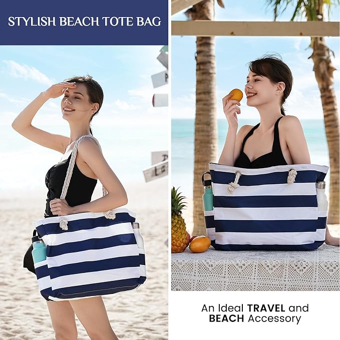 Clothirily Beach Bag for Women, Large Beach Tote Bag Waterproof with Zipper | Large Capacity Swim Pool Bag, Inner Pockets, Sandproof Foldable Beach Tote for Travel Essentials - Image 2