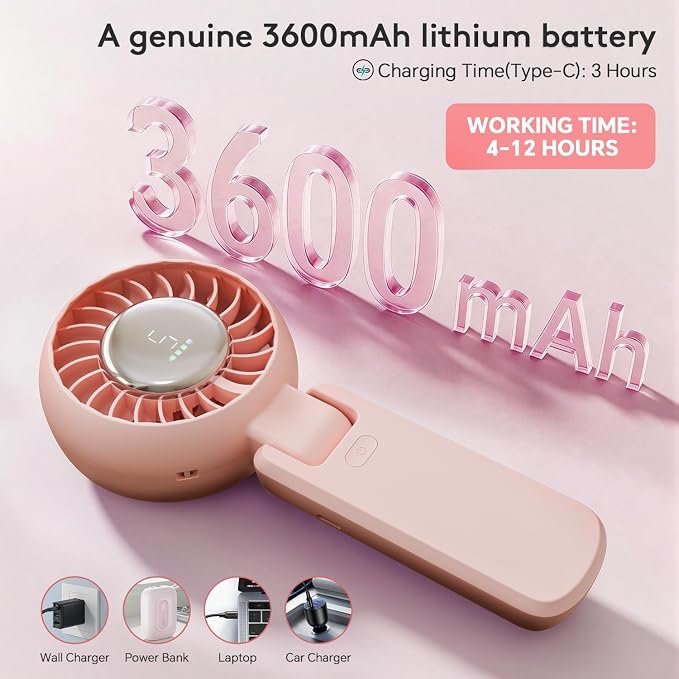 ZOZOO Portable Handheld Fan, 5 Gear High Speed, Rechargeable Mini Personal Hand Fan, Up to 14 Working Hours, 3 IN 1 for Travel, Beach Vacation, Camping, Gifts for Women, (Pink) - Image 3