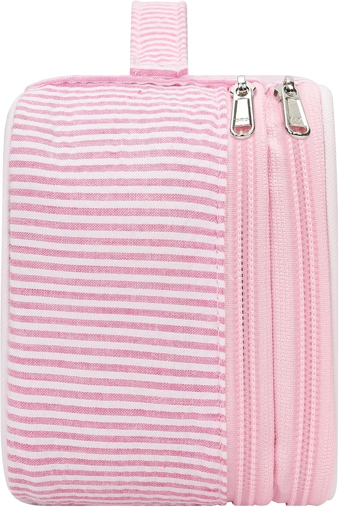 Relavel Pink Makeup Bag, Dual-Layer Cute Travel Cosmetic Bag, Pink Strip | Multi-Functional Small Toiletry Organizer with Make Up Brush Compartment, Travel Bag for Preppy Accessories for Daily Use - Image 8