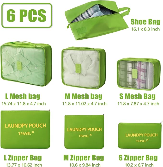 7 Set Packing Cubes for Travel Luggage Packing Bags Reusable Waterproof Suitcase Organizer Bags Set with Shoe Bag and Toiletry Bag (Green) - Image 3