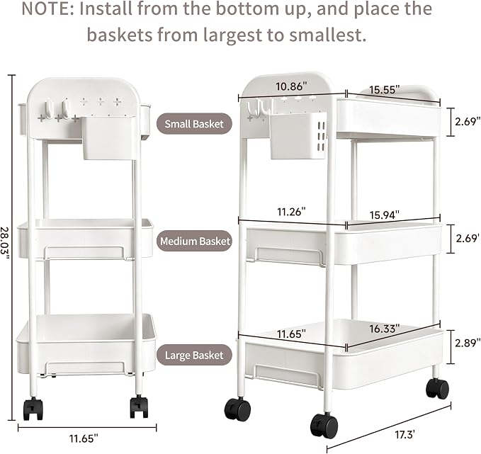 Heavy-Duty Rolling Cart 3 Tier Metal Utility Storage Cart | with Casters, Hooks & Hanging Cups, Rolling Storage Organizer for Kitchen Office Craft Snack Book - Image 2