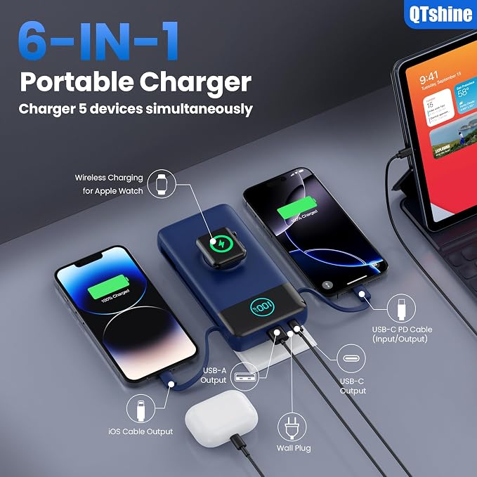 Portable Charger for iPhone, 40800mAh Power Bank with Built-in Cables & AC Wall Plug, 5 Outputs USB C Fast Charging External Battery Pack for iPhone 17/16/15/14, Android, Travel Essential (Blue) - Image 3