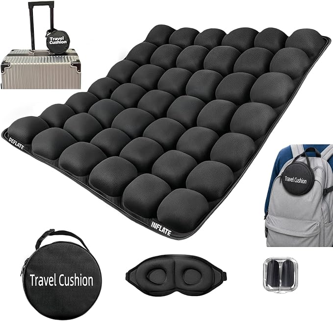 Soundur Travel Cushion Airplane Seat,Inflatable Air Bubble Design with Storage Bag for Car/Office/Kitchen Chairs.42 Air Cells, Adjustable Firmness, Non-Slip Bottom by Unknown
