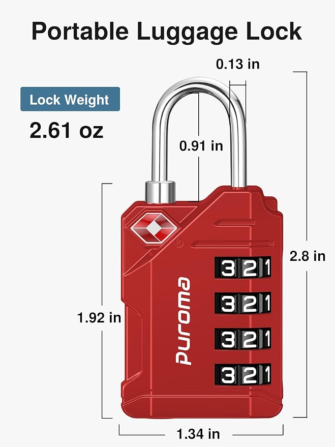 Puroma TSA Approved Luggage Locks, 2 Pack 4 Digit Resettable Travel Combination Code Lock with Zinc Alloy Body for Suitcase, Backpack, Laptop Bag, Gym Locker, Toolbox (Red) - Image 7