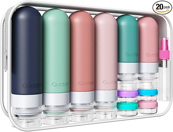 Quatish 20 Pack Travel Bottles for Toiletries, Original Patented, TSA Approved Travel Size Containers, Leak Proof Silicone Shampoo and Conditioner Bottles Women & Men, Airplane Essentials, Morandi by Quatish