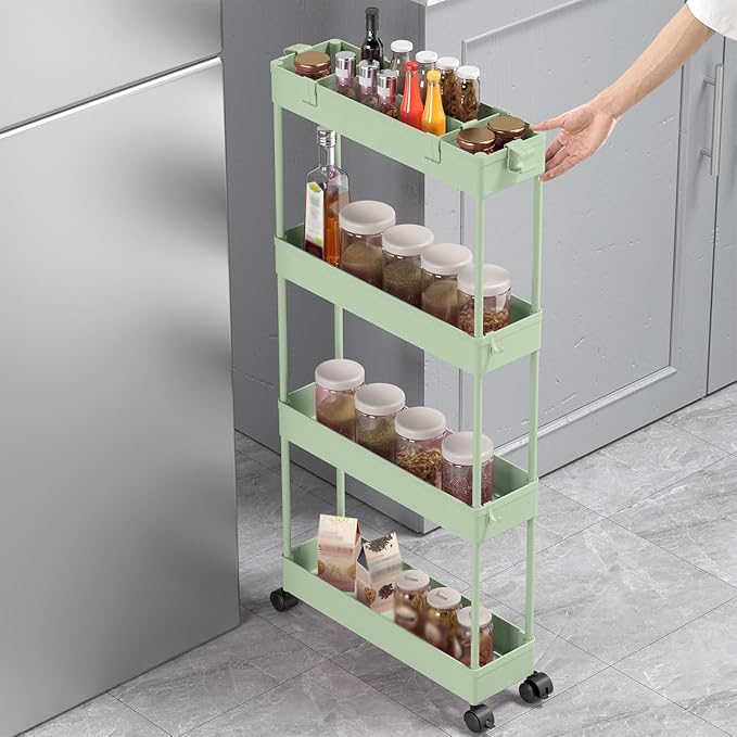 2-piece Set Slim Storage Cart 3 Tier,Bathroom Organizer Rolling Utility,Mobile Shelving Unit Slide Out for Office, Kitchen, Laundry Room & Narrow Places - Image 5