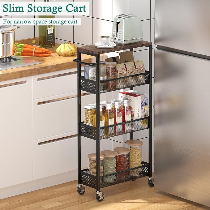 XYZLVSI Utility Slim Storage Cart, 4 Tier Kitchen Narrow Shelf on Wheels | 7.1" W skinny rolling cart with wooden top and metal handle, ideal for bathroom/dorm/office, between washer and dryer storage - Image 2