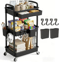 3 Tier Rolling Utility Cart with Drawer, Plastic Storage Organizer Rolling Carts with Wheels Handles Hanging Cups Hooks for Office, Bathroom, Kitchen,Craft Art Room (Black) by LLMRR