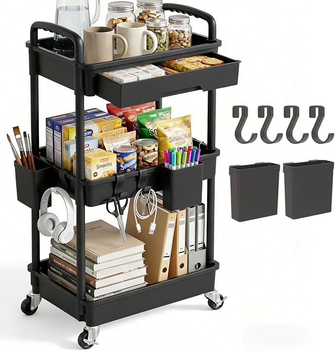 3 Tier Rolling Utility Cart with Drawer, Plastic Storage Organizer Rolling Carts with Wheels Handles Hanging Cups Hooks for Office, Bathroom, Kitchen,Craft Art Room (Black) by LLMRR