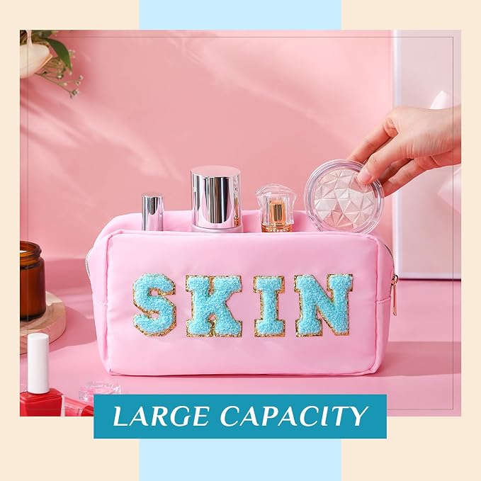 Preppy Makeup Bags Chenille Letter Stuff Bag Nylon Cosmetic Pouch Cases with Zipper for Women Travel Toiletry(Light Color,Vivid,4 Pcs) - Image 3