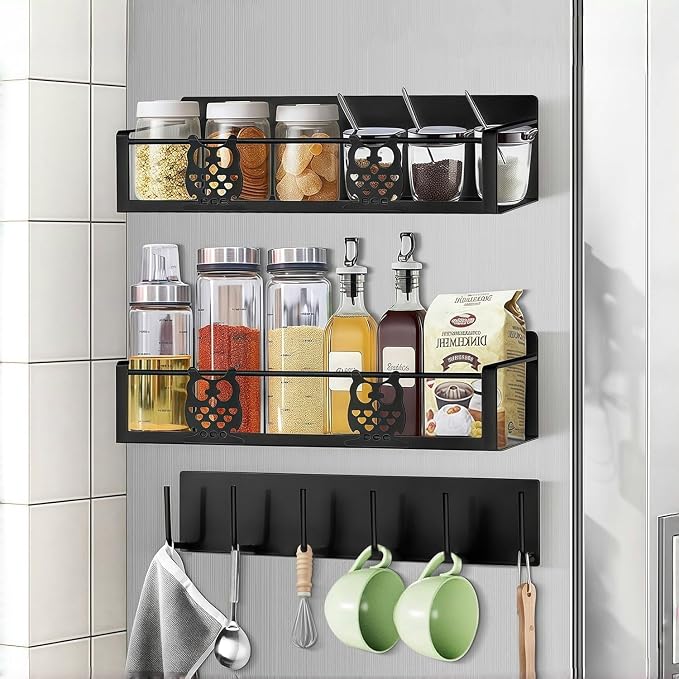 Magnetic Spice Rack for Refrigerator,Spice Organizer for Kitchen,Seasoning Organizer Rack,Magnetic Shelf with Hooks,Strong Magnet,Moveable,No Drilling(3 Pack,Black,Owl) - Image 6