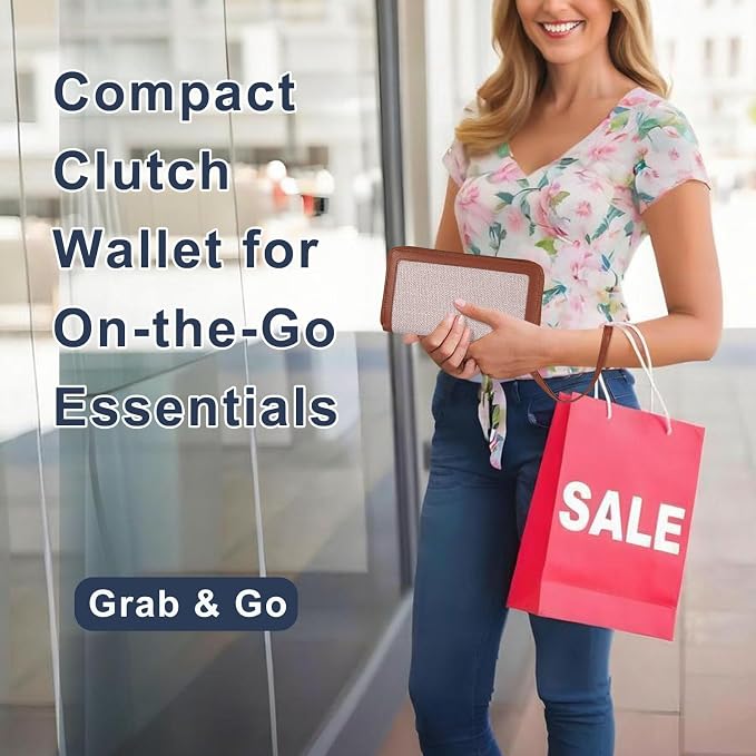 Double Zipper Wallet RFID Blocking Cellphone Wristlet for Women Large Capacity Multi Card Clutch Purse with Removable Strap, Grey Linen Brown - Image 7