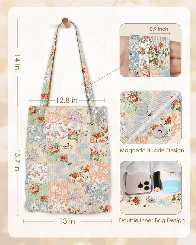 Miss Adola Designer Corduroy Tote Bag for Women | 3 Magnetic Buckles, Aesthetic Pattern, Reusable, Soft, Roomy Carry for Work, Travel, Grocery Runs - Image 5