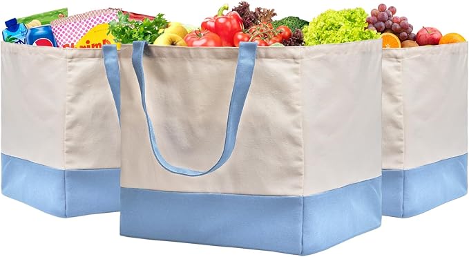 Reusable Grocery Bags Heavy Duty, 8.3 gal Foldable Large Canvas Tote Bag with Handles, Holds 60 lbs Canvas Shopping Bags, 3 Pack（Off White+Light Blue） by CNaiyunpin