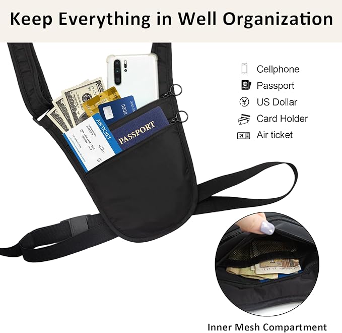Money Belt for Travel Anti-Theft Crossbody Passport Holder for Women Men Hidden Slim Neck Wallet Under Clothes (Black) - Image 3