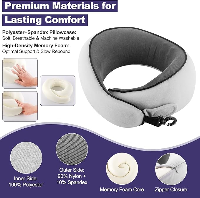 Travel Neck Pillow Airplane, Breathable Memory Foam Travel Pillows for Neck Support, Washable Cover Portable Storage Bag, 360° Ergonomic Airplane Travel Essentials for Flight, Car, Train, Office, Home | 360° Ergonomic Travel Neck Pillow with Portable S... - Image 3