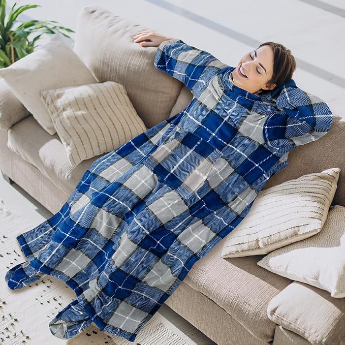 PAVILIA Fleece Blanket with Sleeves, Foot Pockets for Women Men Adults, Plush Wearable Blanket Throw Wrap, Warm Snuggle Blanket Robe, Cozy Gift Ideas Wife Mom, Plaid Navy Blue - Image 3