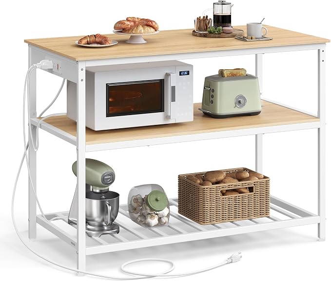 VASAGLE Kitchen Island with 3 Shelves, Kitchen Shelf with Power Strip, 23.6 x 47.2 x 34.9 Inches, Large Worktop, Steel Structure, Industrial, Easy to Assemble, Oak Color and White UKKI101Y01 by Unknown