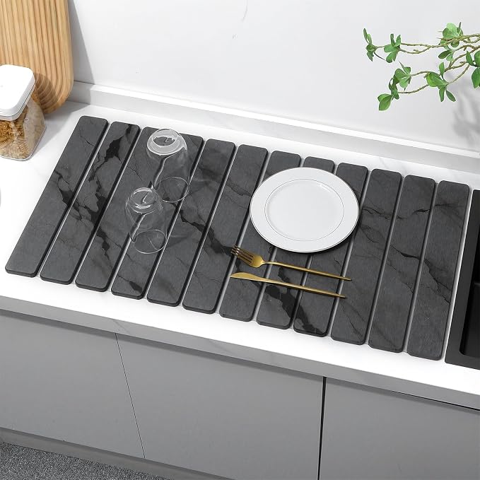 Extra Large Stone Dish Drying Mat for Kitchen Counter, Quick Dry Stone Dishes Mats, Foldable Water Absorbing Diatomaceous Drying Pad for Countertop Bottles Utensils Cups Bathroom(Dark Gray 32"×16"） - Image 8