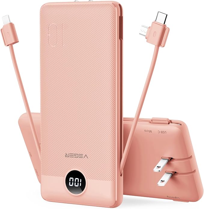 VEGER Portable Charger for iPhone, Power Bank Built in Cables and Wall Plug | 10000mAh,Ultra Slim&Compact,5 Outputs,LED Display,Power Bank for iPhone,Samsung,Travel Essentials for Camping Cruise Business by VEGER