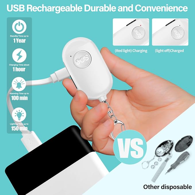 Hion Personal Safety Alarm for Women, 2 Pack Rechargeable 130dB Self Defense Alarm Keychain with LED Flashlight, Emergency Safe Sound Security for Children Elderly College Girls, Black+White - Image 5