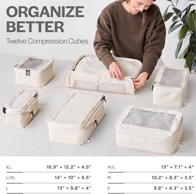 Compression Packing Cubes for Travel - Luggage Organizer Bags - Double Zipper Packing Cubes for Suitcases (12-Pack, Beige) - Image 3