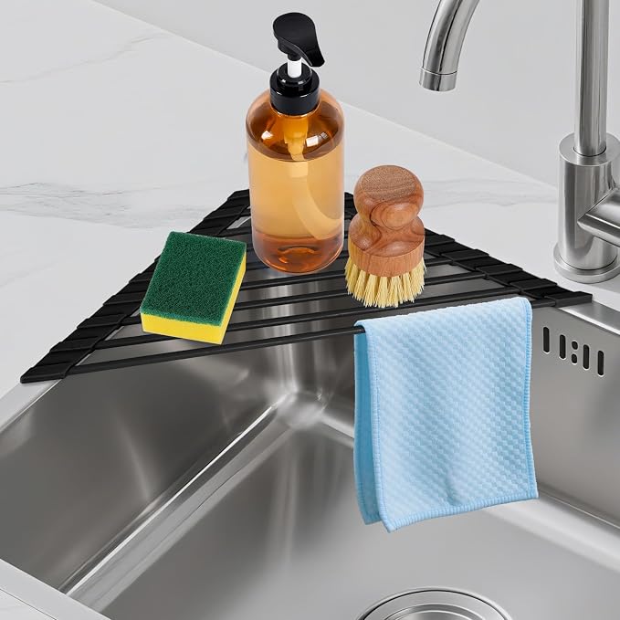 HANZENMA Triangular Sink Rack, Multi-Functional Rack Above the countertop, Foldable Sink Drying mat, Heat-Resistant, Non-Slip, and Rust-Proof Dish Rack (Black) by HANZENMA