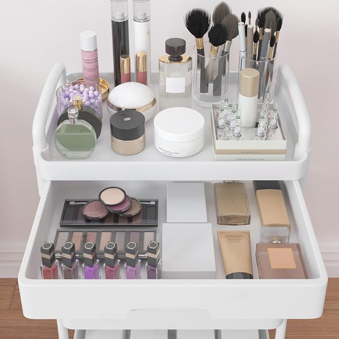 Calmootey 3-Tier Utility Cart with Drawer & Wheels, Storage for Home,Office | Space-Saving Organizer, Sturdy Plastic Shelves, Smooth-Rolling Metal Wheels, Built-in Drawer for Small Items, White - Image 9